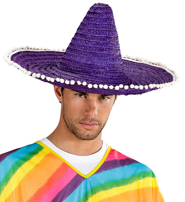 Violetter Sombrero mit bunten Pom Poms, 50 cm Durchmesser