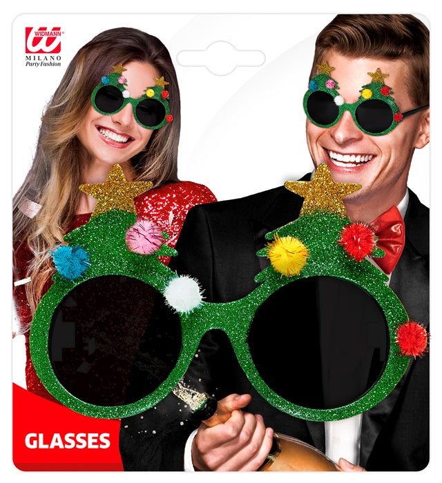 Weihnachtsbaum Brille grün mit bunten Kugeln als lustiges Partyaccessoire