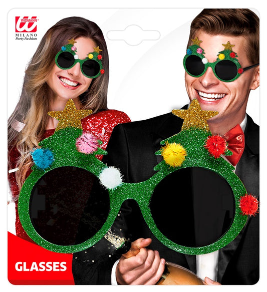 Weihnachtsbaum Brille grün mit bunten Kugeln als lustiges Partyaccessoire