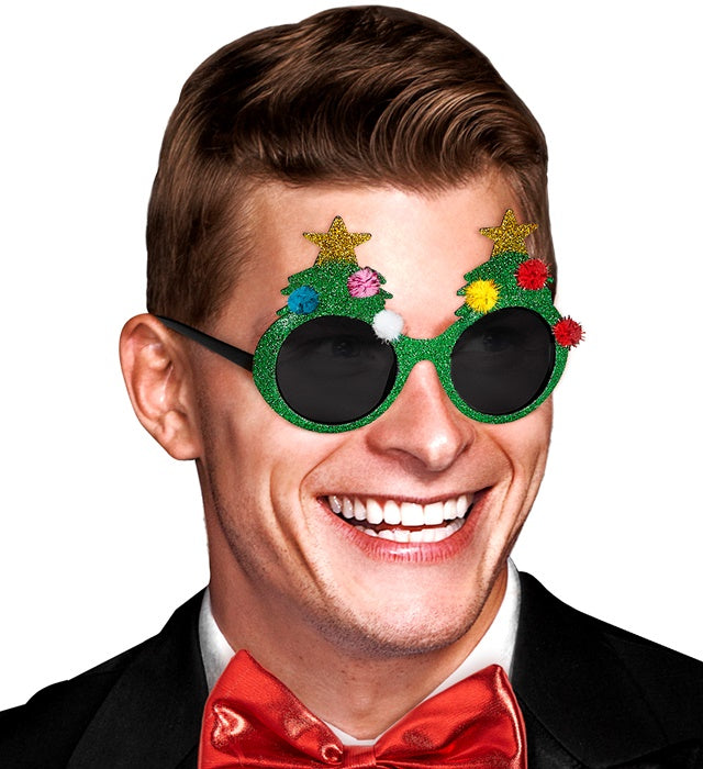 Weihnachtsbaum Brille grün mit bunten Kugeln als lustiges Partyaccessoire