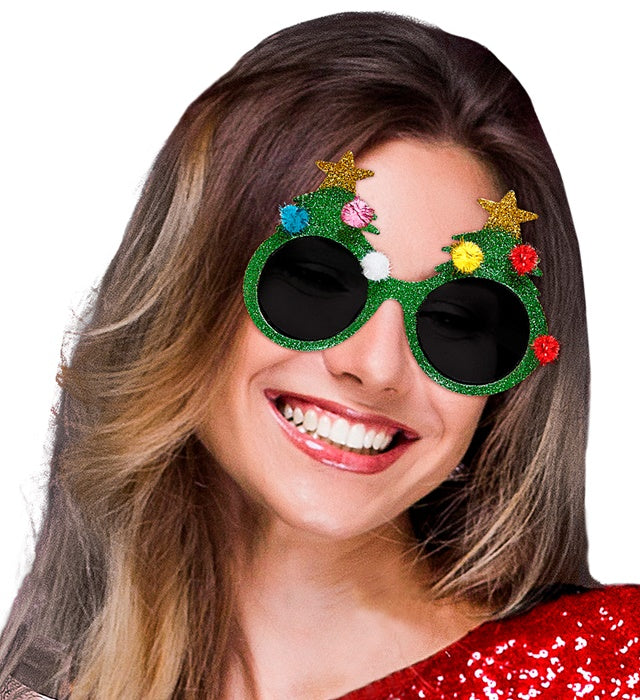 Weihnachtsbaum Brille grün mit bunten Kugeln als lustiges Partyaccessoire