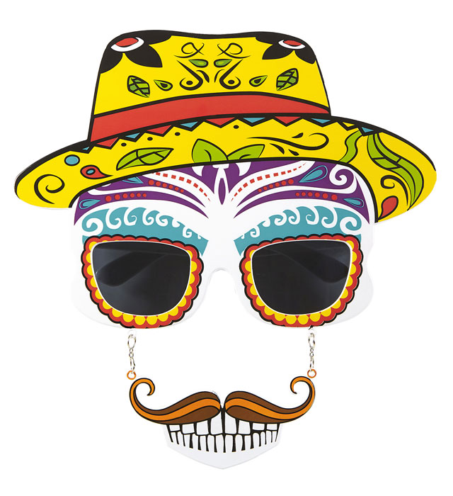 Totenkopf-Brille im Dia de los Muertos Stil mit Schnauzbart und Zähnen