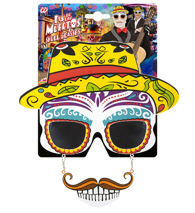 Totenkopf-Brille im Dia de los Muertos Stil mit Schnauzbart und Zähnen