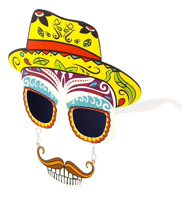 Totenkopf-Brille im Dia de los Muertos Stil mit Schnauzbart und Zähnen