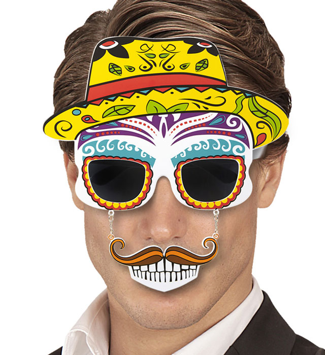Totenkopf-Brille im Dia de los Muertos Stil mit Schnauzbart und Zähnen