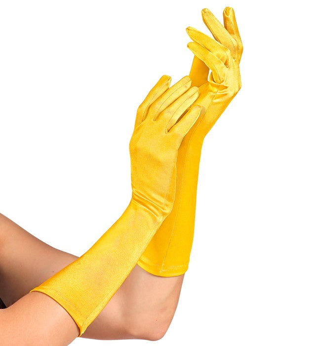 Gelbe Satin Handschuhe aus Elasthan, 40 cm lang, ideal für Fasnacht Kostüme