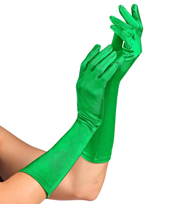 Grüne lange Satin Handschuhe aus elastischem Material, 40 cm Länge