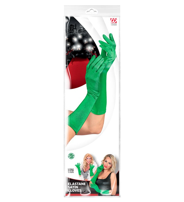 Grüne lange Satin Handschuhe aus elastischem Material, 40 cm Länge