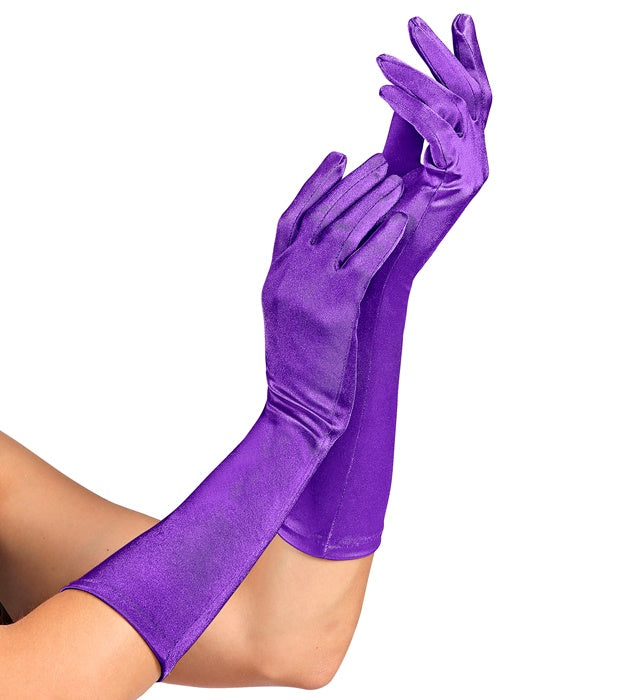 Violette Satin-Handschuhe aus Elastan, 40 cm lang, auf weissem Hintergrund