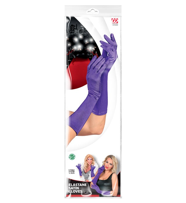 Violette Satin-Handschuhe aus Elastan, 40 cm lang, auf weissem Hintergrund