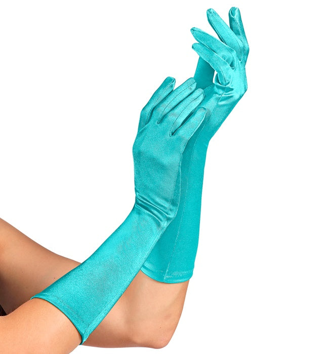 Hellblaue Satinhandschuhe aus elastischem Material, 40 cm Länge