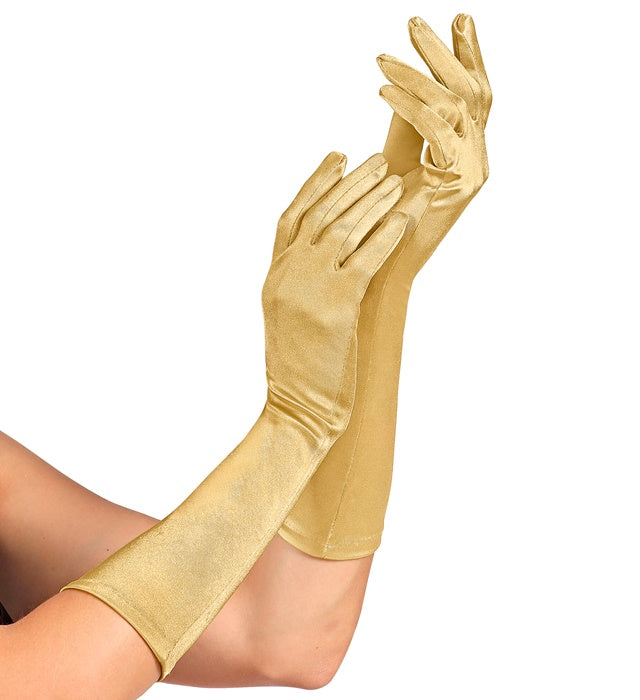 Goldene Satin-Handschuhe aus elastischem Material, 40 cm lang