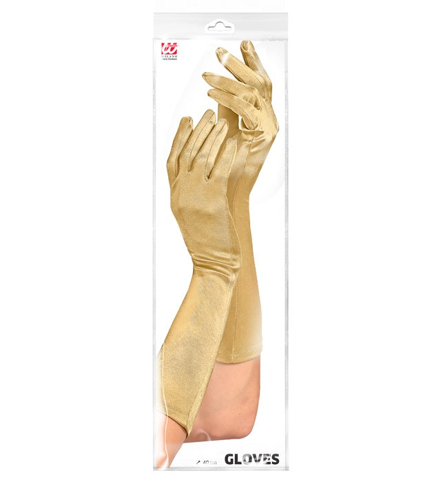 Goldene Satin-Handschuhe aus elastischem Material, 40 cm lang
