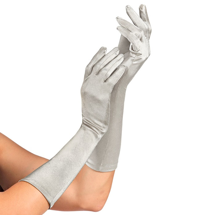 Silberne Satin Handschuhe 40 cm lang für Fasnacht und festliche Anlässe