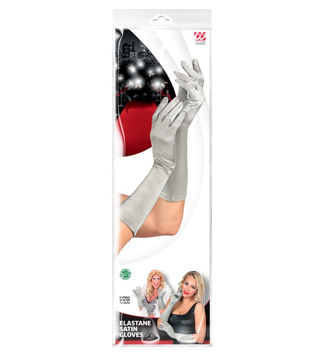 Silberne Satin Handschuhe 40 cm lang für Fasnacht und festliche Anlässe