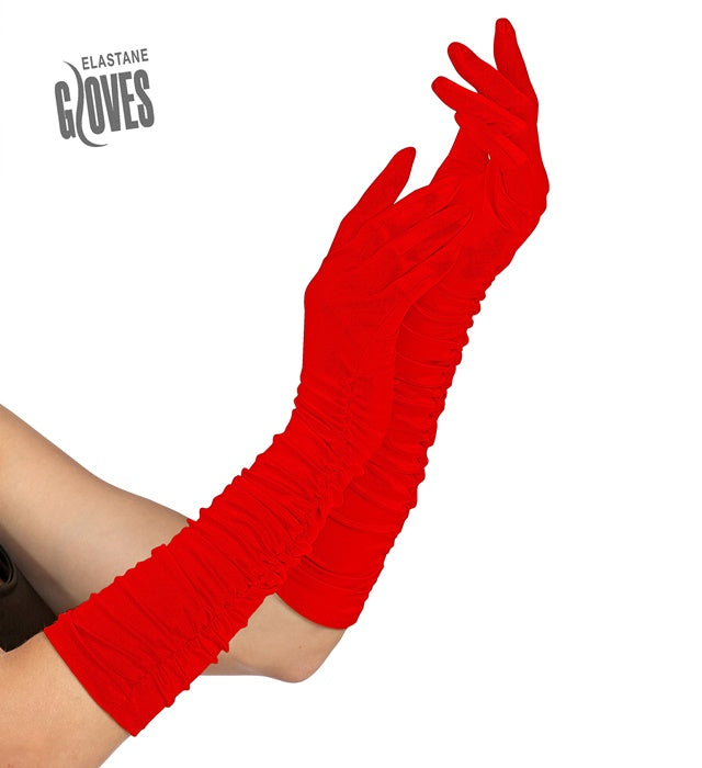 Rote lange elastische Handschuhe 40 cm auf weissem Hintergrund