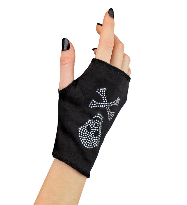 Fingerlose schwarze Handschuhe mit funkelndem Strass-Totenkopf