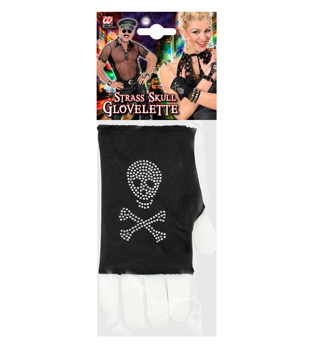 Fingerlose schwarze Handschuhe mit funkelndem Strass-Totenkopf