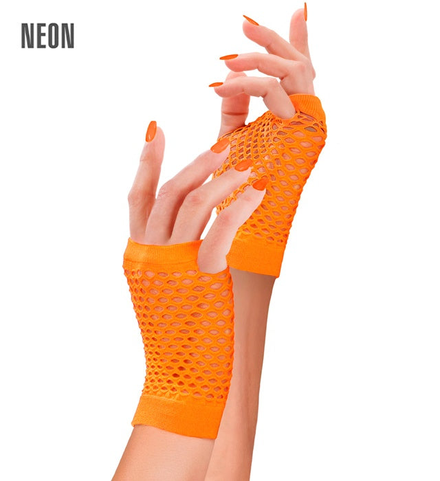 Neon orange fingerlose Netzhandschuhe aus Netzmaterial auf weißem Hintergrund