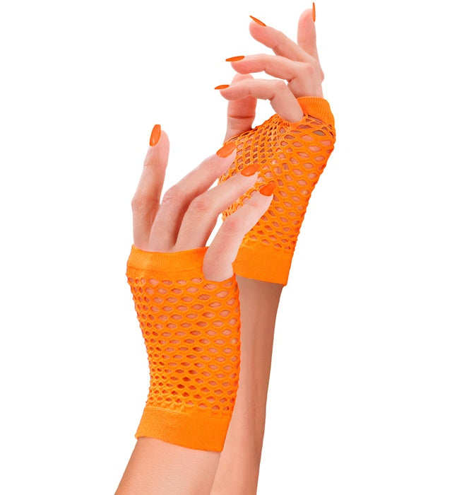 Neon orange fingerlose Netzhandschuhe aus Netzmaterial auf weißem Hintergrund