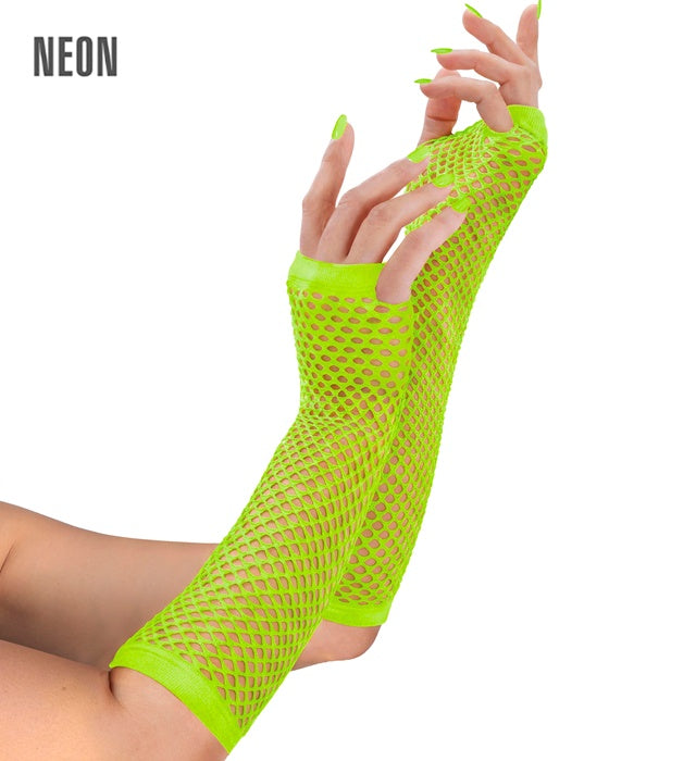 Neon grüne fingerlose Netzhandschuhe 33 cm auf weißem Hintergrund