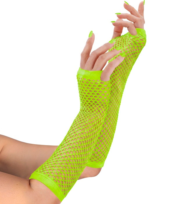 Neon grüne fingerlose Netzhandschuhe 33 cm auf weißem Hintergrund