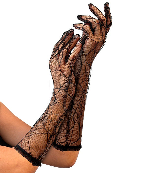 Schwarze Spinnennetzhandschuhe mit feinem Netzmuster auf einer Hand