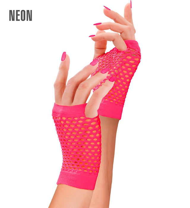 Neon pinke fingerlose Netzhandschuhe auf weißem Hintergrund