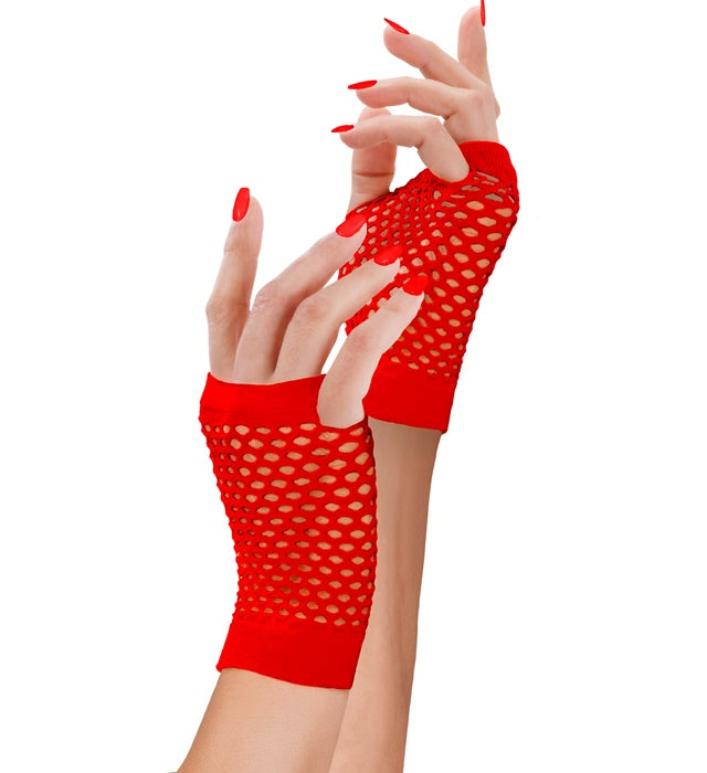Rote fingerlose Netzhandschuhe aus Netzmaterial als Kostümzubehör
