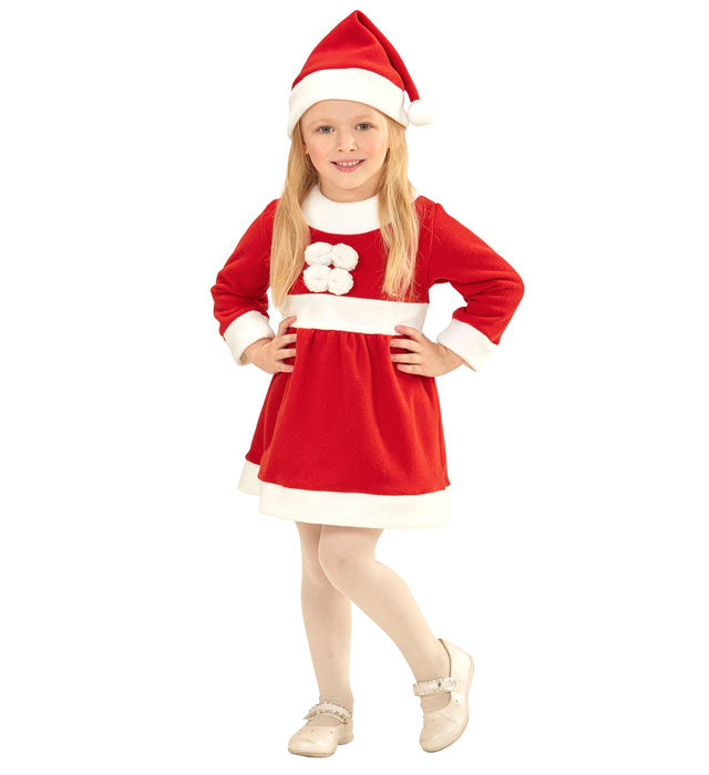 Santa Girl Kostüm mit rotem Kleid und weißer Mütze für Fasnacht und Weihnachten