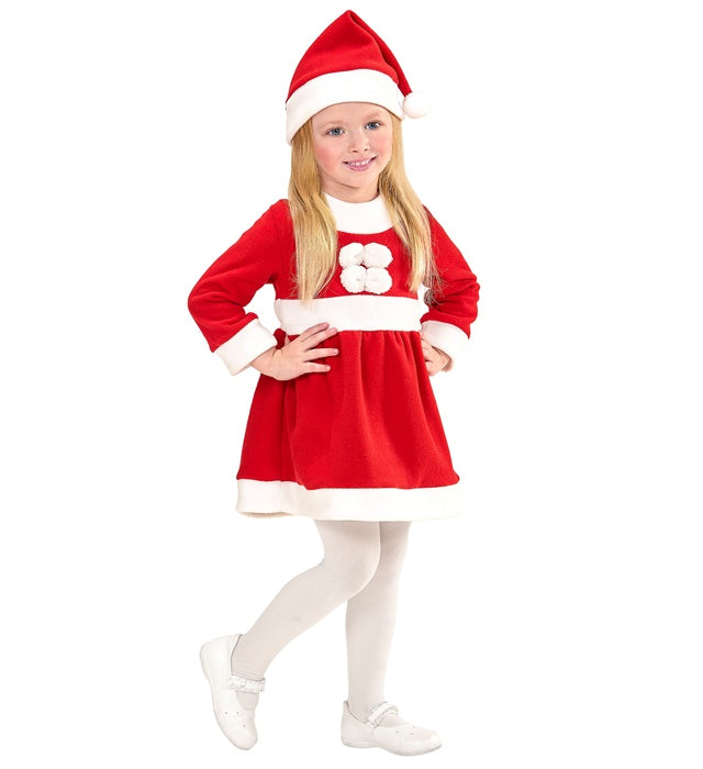 Santa Girl Kostüm mit rotem Kleid und weißer Mütze für Fasnacht und Weihnachten