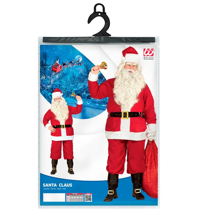 Weihnachtsmann Kostüm bestehend aus roter Jacke, Hose, schwarzem Gürtel und rotem Hut mit weißem Besatz