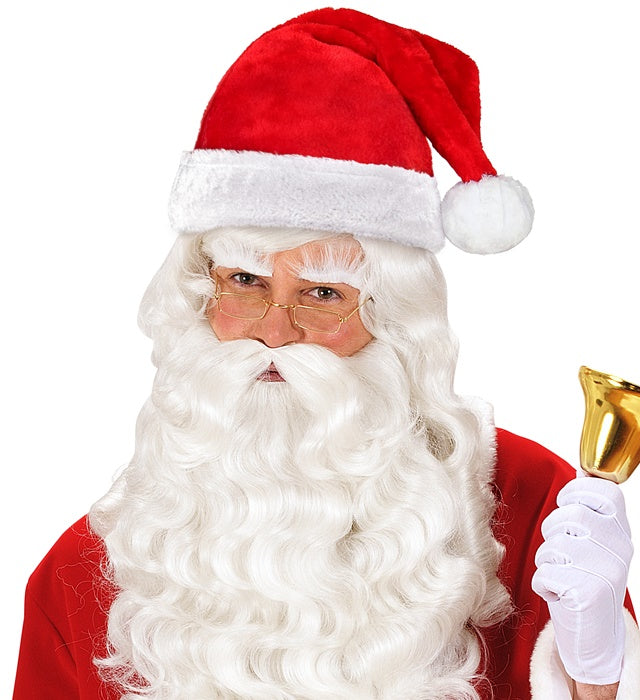 Weihnachtsmannmütze aus rotem Plüsch mit weißem Rand auf neutralem Hintergrund
