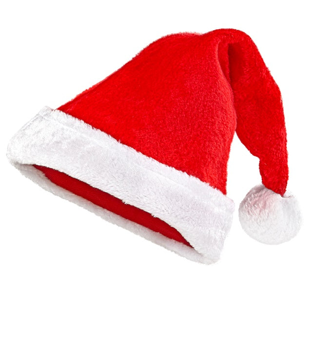Weihnachtsmannmütze aus rotem Plüsch mit weißem Rand auf neutralem Hintergrund