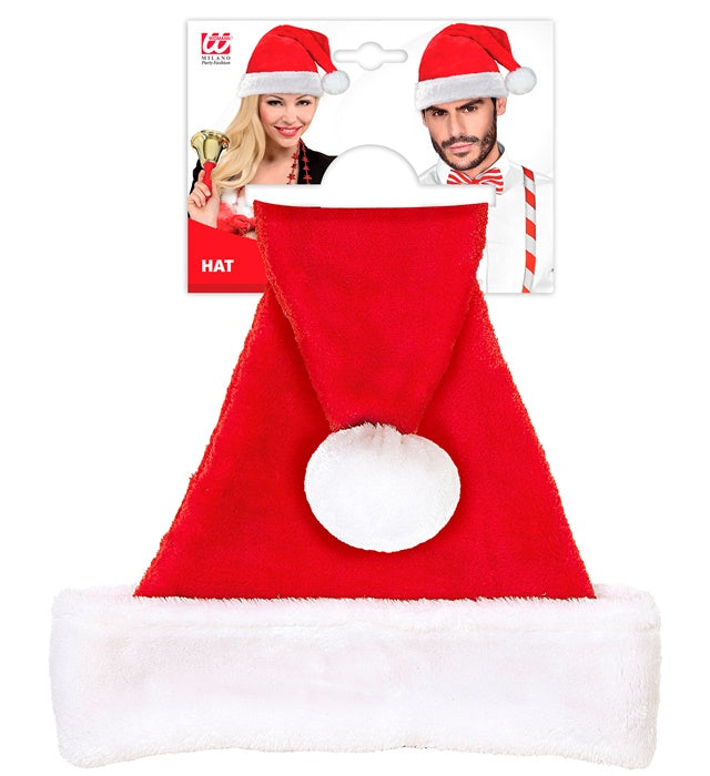 Weihnachtsmannmütze aus rotem Plüsch mit weißem Rand auf neutralem Hintergrund