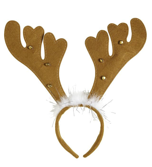 Rentiergeweih mit Glöckchen und weißen Marabou-Federn auf schwarzem Kopfband