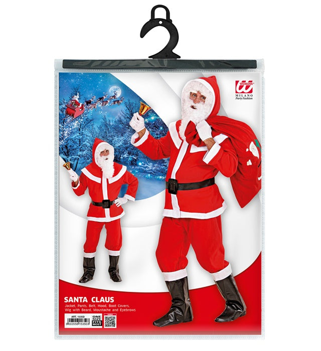 Weihnachtsmann-Kostüm aus rotem Flanell mit Perücke, Bart und Stiefelüberziehern