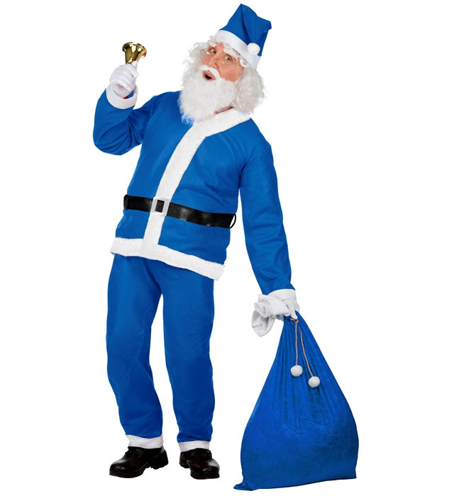 Blauer Weihnachtsmann Kostüm mit Kasack, Hose, Gürtel, Hut und Bart