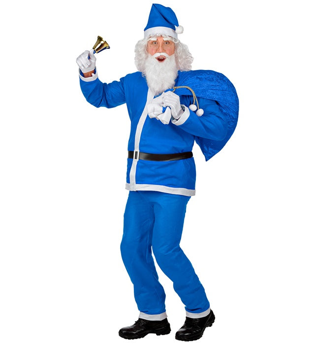 Blauer Weihnachtsmann Kostüm mit Kasack, Hose, Gürtel, Hut und Bart