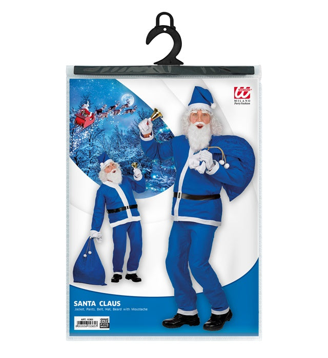 Blauer Weihnachtsmann Kostüm mit Kasack, Hose, Gürtel, Hut und Bart