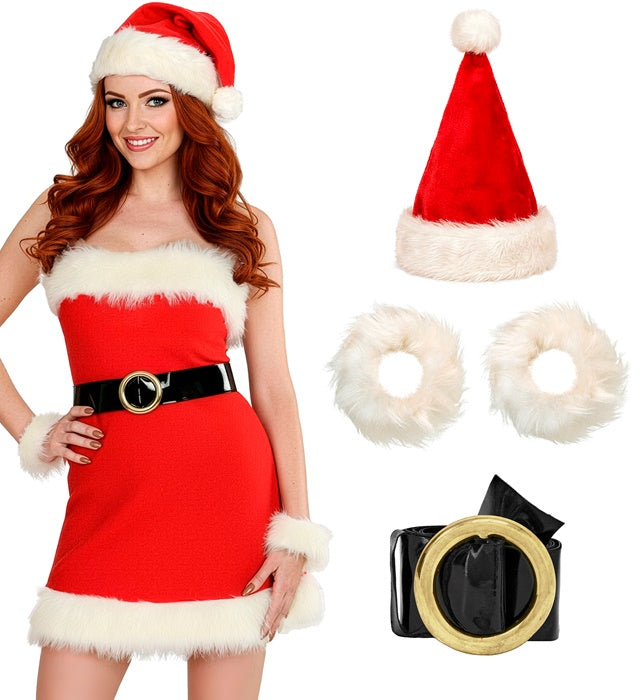 Miss Santa Fasnachtskostüm aus rotem Flanell mit Plüsch-Hut und Armbändern