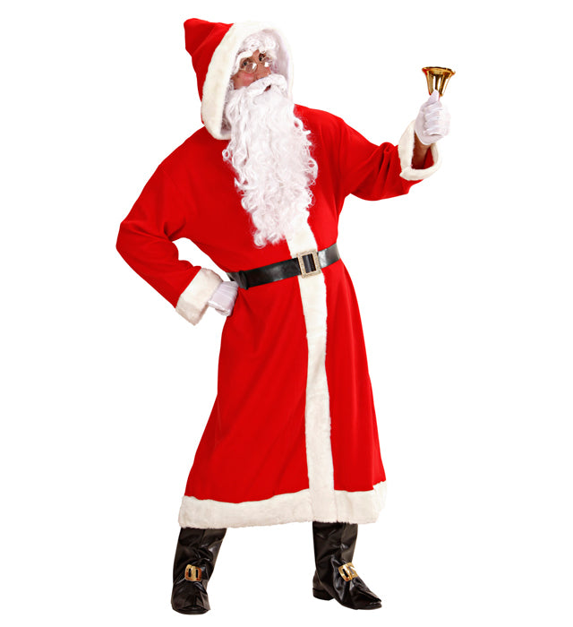 Weihnachtsmann-Kostüm mit rotem Mantel, Kapuze, Bart und Stiefelüberziehern