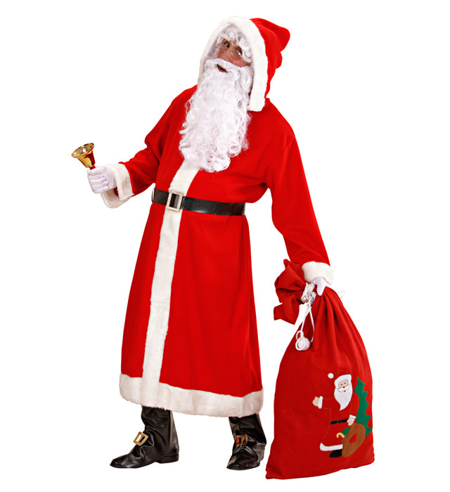 Weihnachtsmann-Kostüm mit rotem Mantel, Kapuze, Bart und Stiefelüberziehern