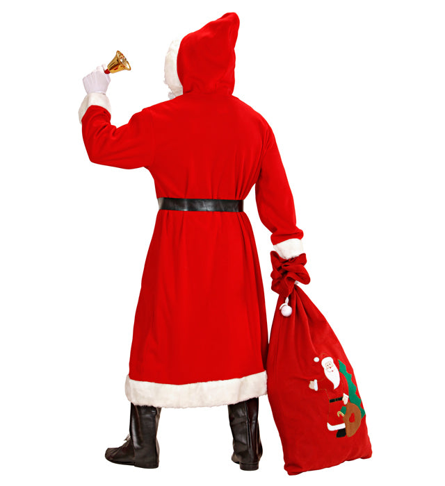 Weihnachtsmann-Kostüm mit rotem Mantel, Kapuze, Bart und Stiefelüberziehern