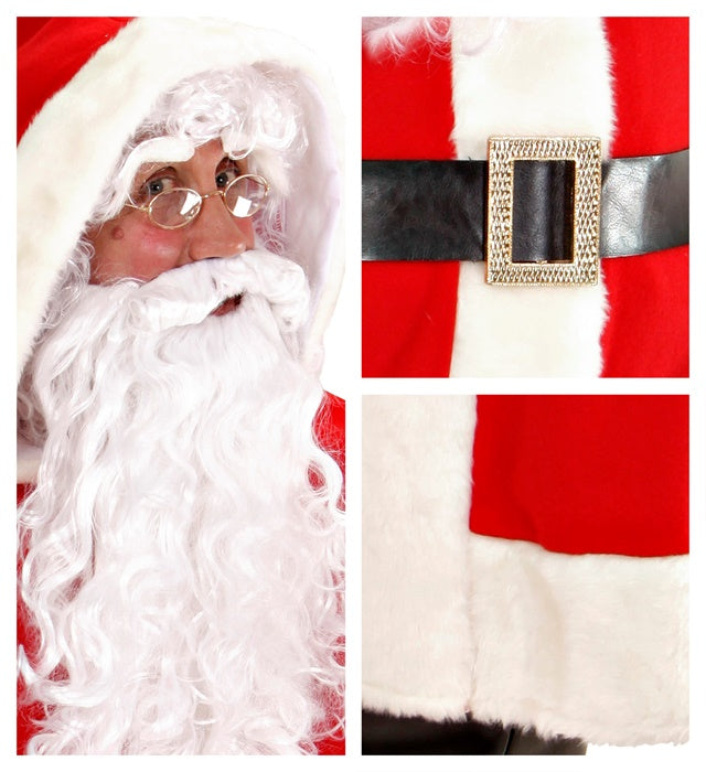 Weihnachtsmann-Kostüm mit rotem Mantel, Kapuze, Bart und Stiefelüberziehern