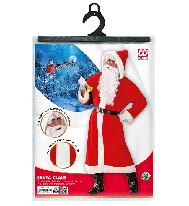 Weihnachtsmann-Kostüm mit rotem Mantel, Kapuze, Bart und Stiefelüberziehern