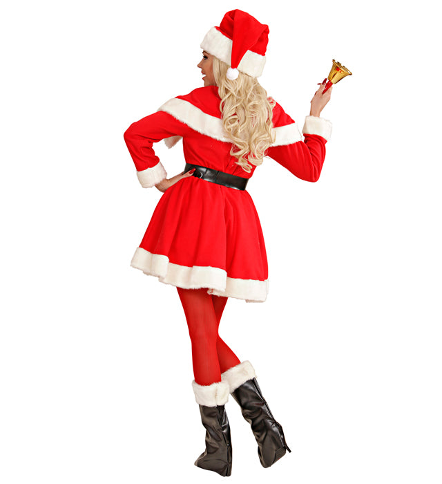 Miss Santa Kostüm mit rotem Kleid, Gürtel, Mäntelchen, Stiefelüberziehern und Hut mit Plüschrand