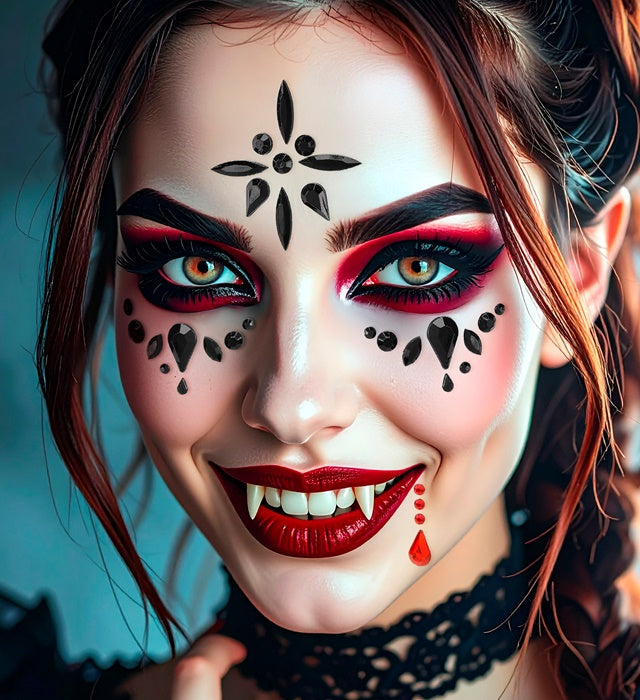 Selbstklebende Glitzersteine im Vampirin-Design für Gesichtsschmuck zu Halloween