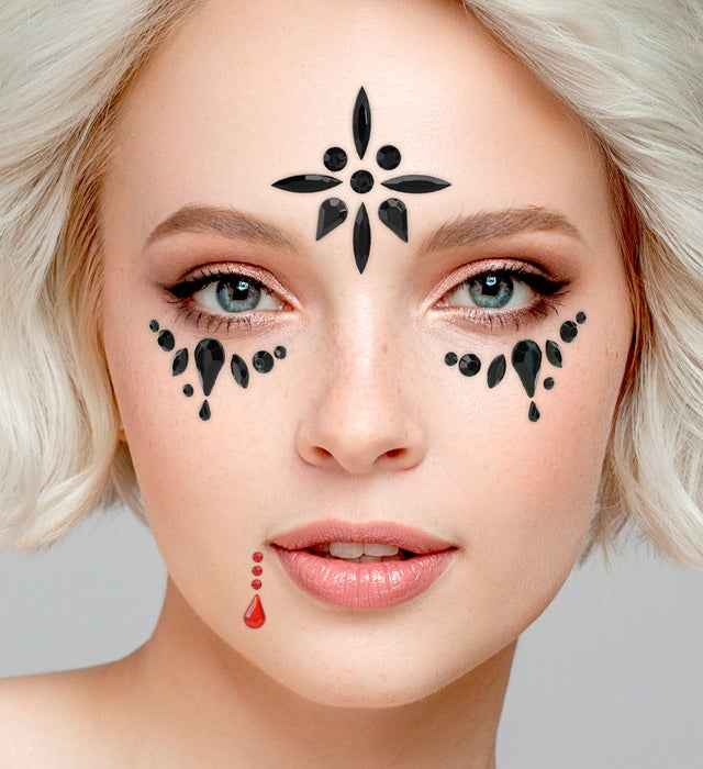 Selbstklebende Glitzersteine im Vampirin-Design für Gesichtsschmuck zu Halloween