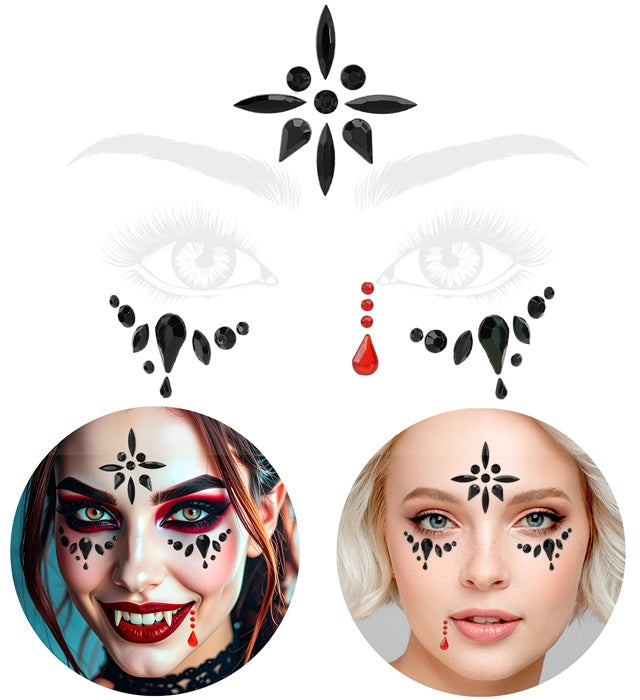 Selbstklebende Glitzersteine im Vampirin-Design für Gesichtsschmuck zu Halloween